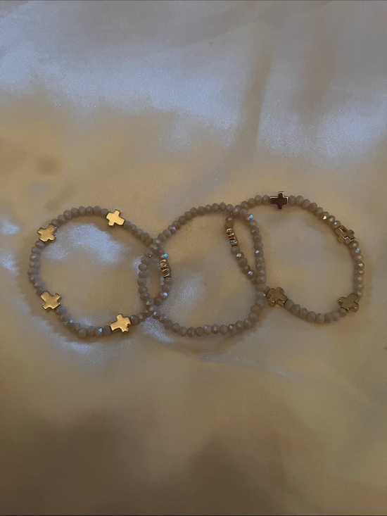 Boutique Jewelry - Neutral Beaded Stretch Bracelet Set with Gold Cross Accents